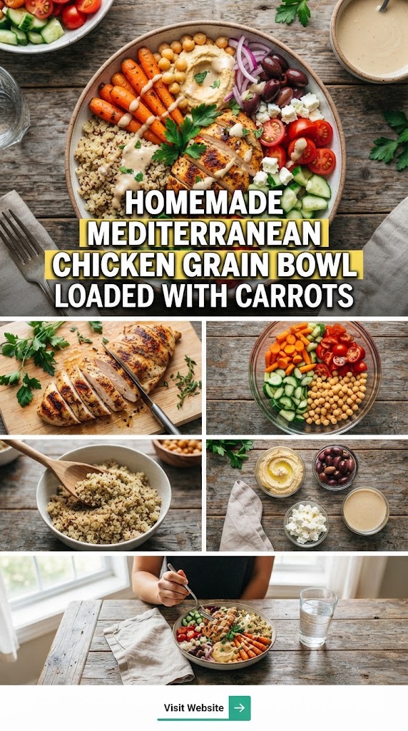 Homemade Mediterranean chicken grain bowl loaded with carrots