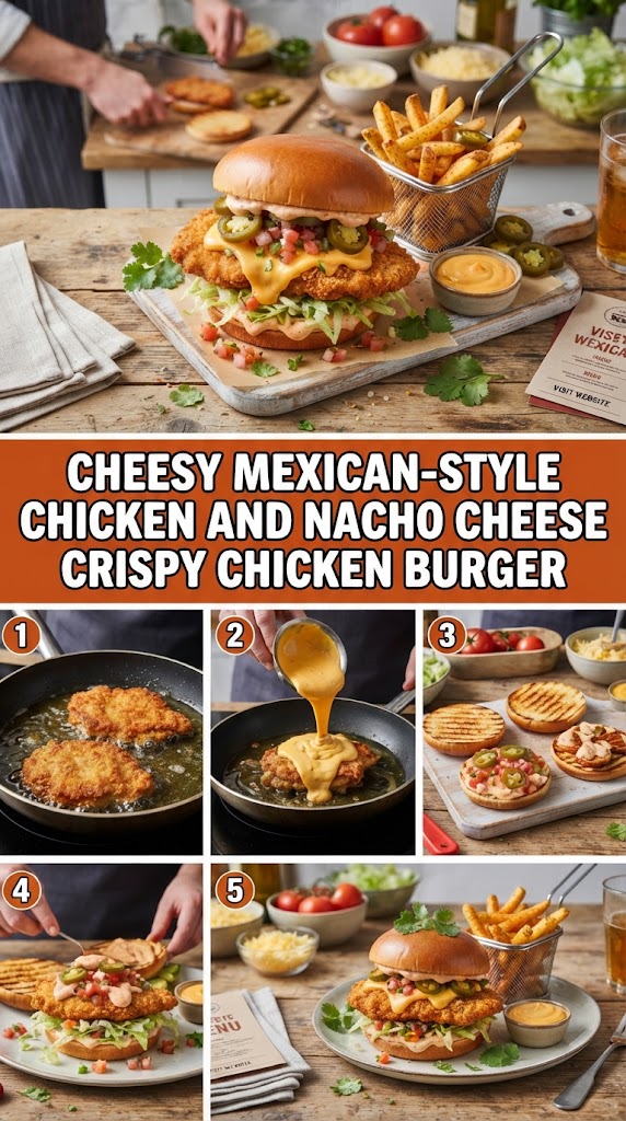 Cheesy Mexican-style chicken and nacho cheese crispy chicken burger